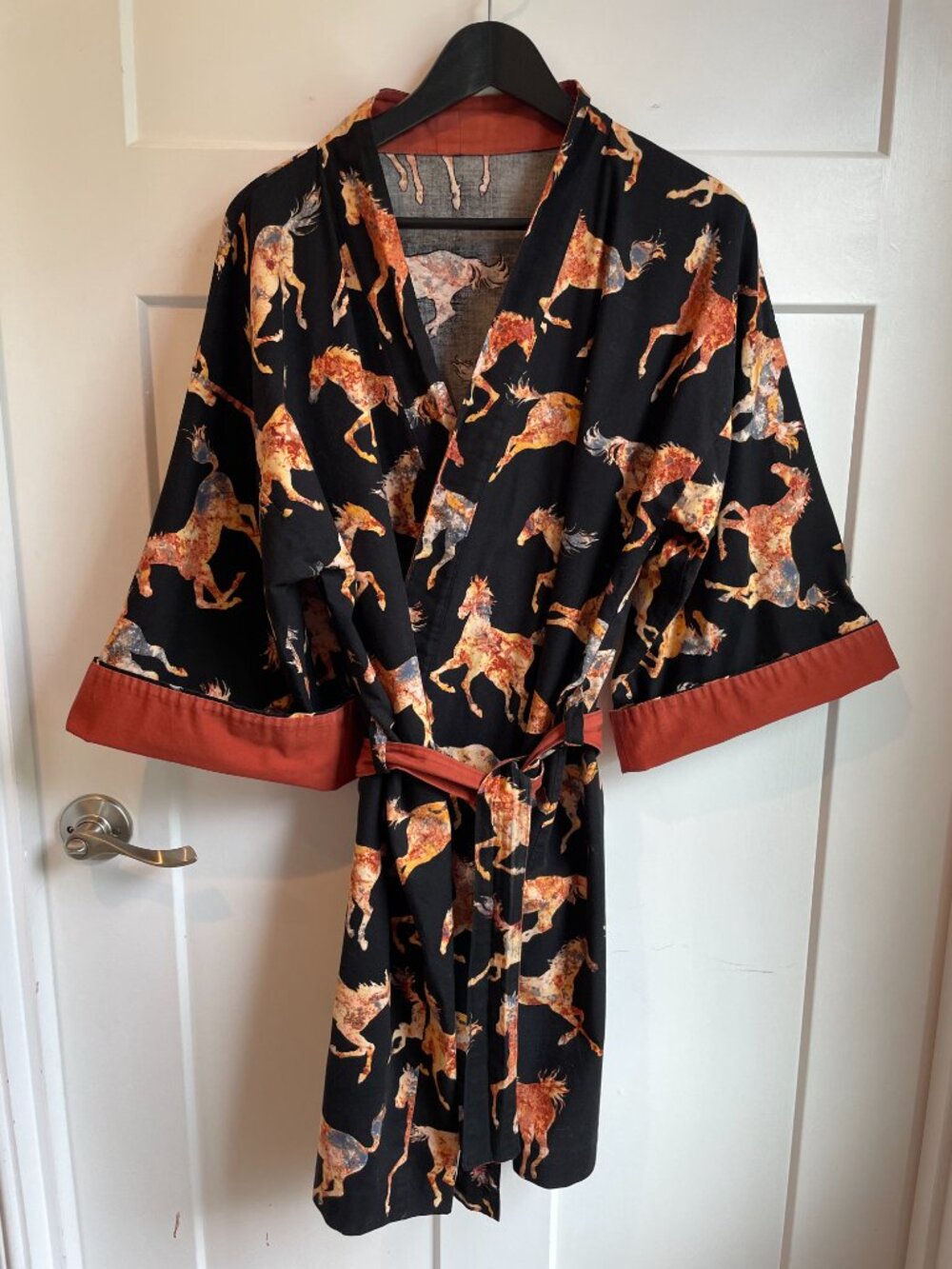 Wild Horses Short Robe Jacket Kimono 100% Cotton Boho Copper Reversible Cuffs OS - Picture 2 of 15